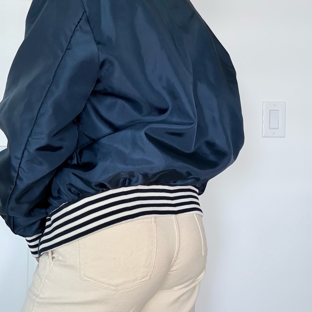 Navy Snap-Front Satin Jacket with Striped Trim - Picture 3 of 6